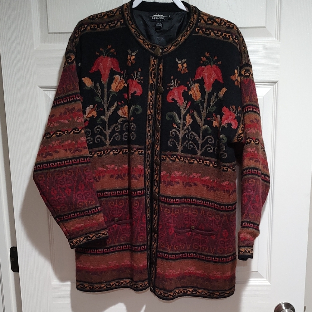 Women's Black and Red Floral Wool Jacket